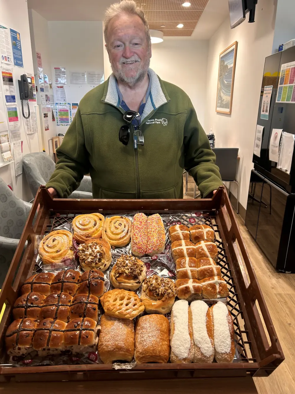 Peter Hawkins delivers pastries to the staff at Wonthaggi Hospital’s Emergency Department to thank them for helping to save his life after nearly drowning at Inverloch.