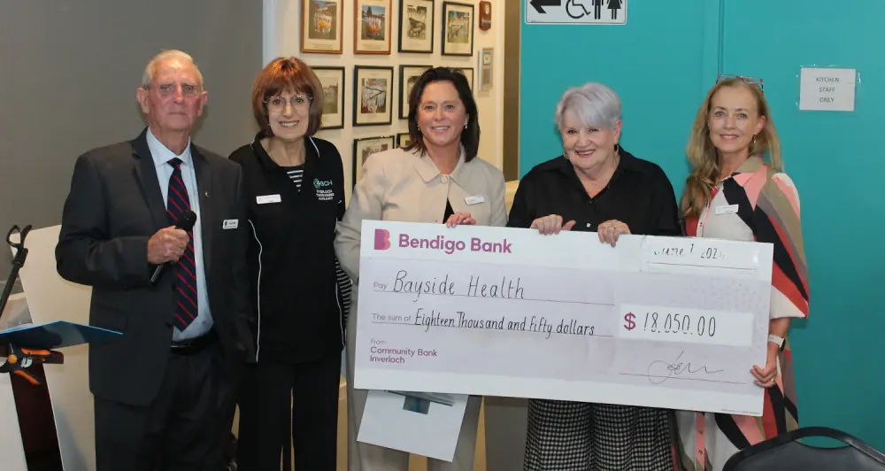 Terry Hall, Kaye Jones, Lou Sparkes, Helen Sutton, Michelle McMahon with the giant cheque for a SOZO machine.