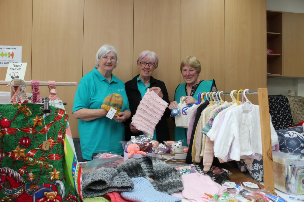 Bass Coast Health Ladies Auxiliary members Cynthia Walker, Lyn Steer and Mary O’Connor sold creative hand-knitted items at the fete.