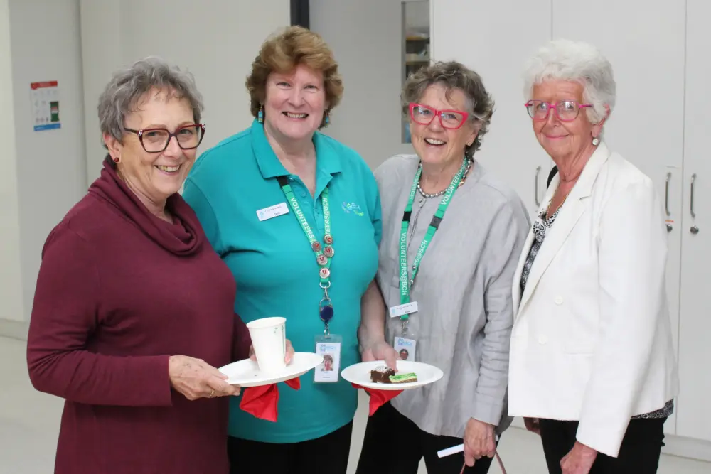 Bass Coast Health Community Advisory Committee members, from left, Ann Booth, Toni Cornelius and Alex Jackson chat with BCH Consumer Associate Hilary Kerrison.