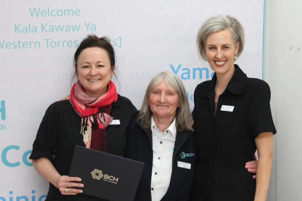 Sheryl Mark, centre, of Health Information Services has served Bass Coast Health and its predecessors for 45 years. She’s with Chief Operating Officer/Director of Nursing Christine Henderson, left, and Interim CEO Simone Alexander.