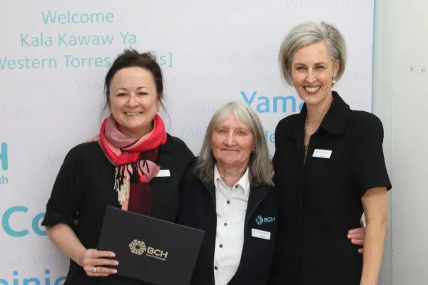 Sheryl Mark, centre, of Health Information Services has served Bass Coast Health and its predecessors for 45 years. She’s with Chief Operating Officer/Director of Nursing Christine Henderson, left, and Interim CEO Simone Alexander.
