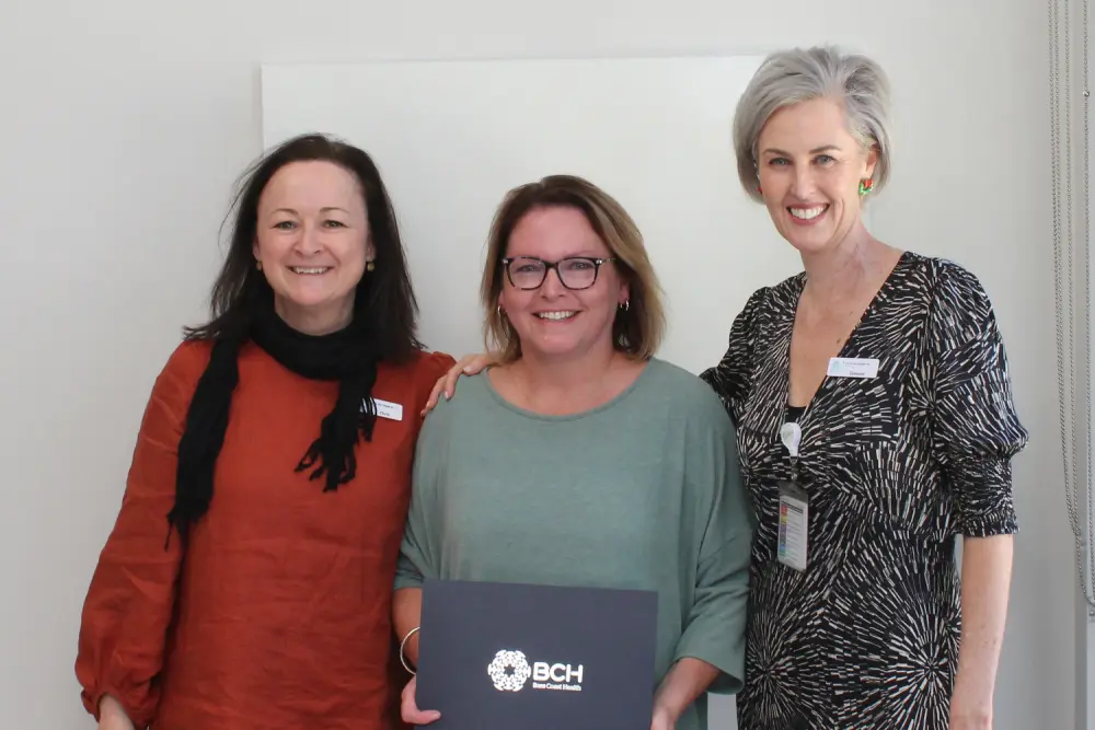 Executive Director Kirsten Weinzierl, centre, received a 30-year service award. She’s with Chief Operating Officer/Director of Nursing Christine Henderson, left, and Interim CEO Simone Alexander.