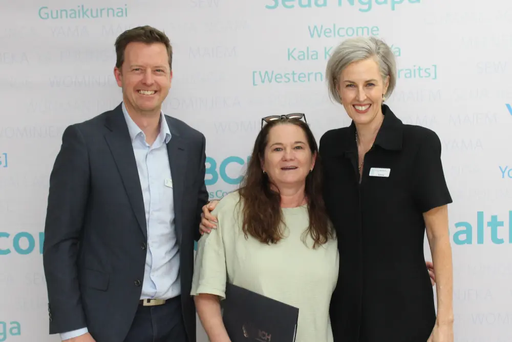 Health Service Coordinator Chris Burns, centre, was recognised for 30 years of service. She’s with Chief Financial Officer Shaun Brooks and Interim CEO Simone Alexander.