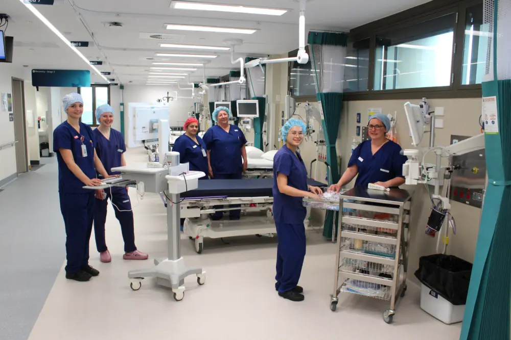 Some of Bass Coast Health’s Theatre team prepare for a morning surgical list, from left, Registered Nurses Amy Donald, Lucy O’Donovan, student Emma Evans, Sandy Jenner, Mai Cespon and Helen Cronin.