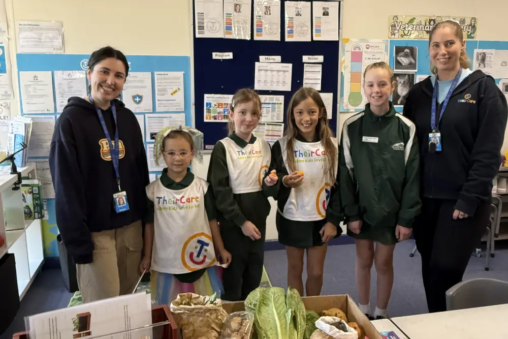 Stephanie (Wonthaggi TheirCare OSHC Educator) and Katrina (Wonthaggi ThierCare OSHC Coordinator) with students Ellie, Gabrielle, Hope and Khloe.